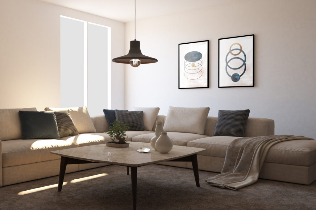 diseno de interiores con marcos de fotos y sofa